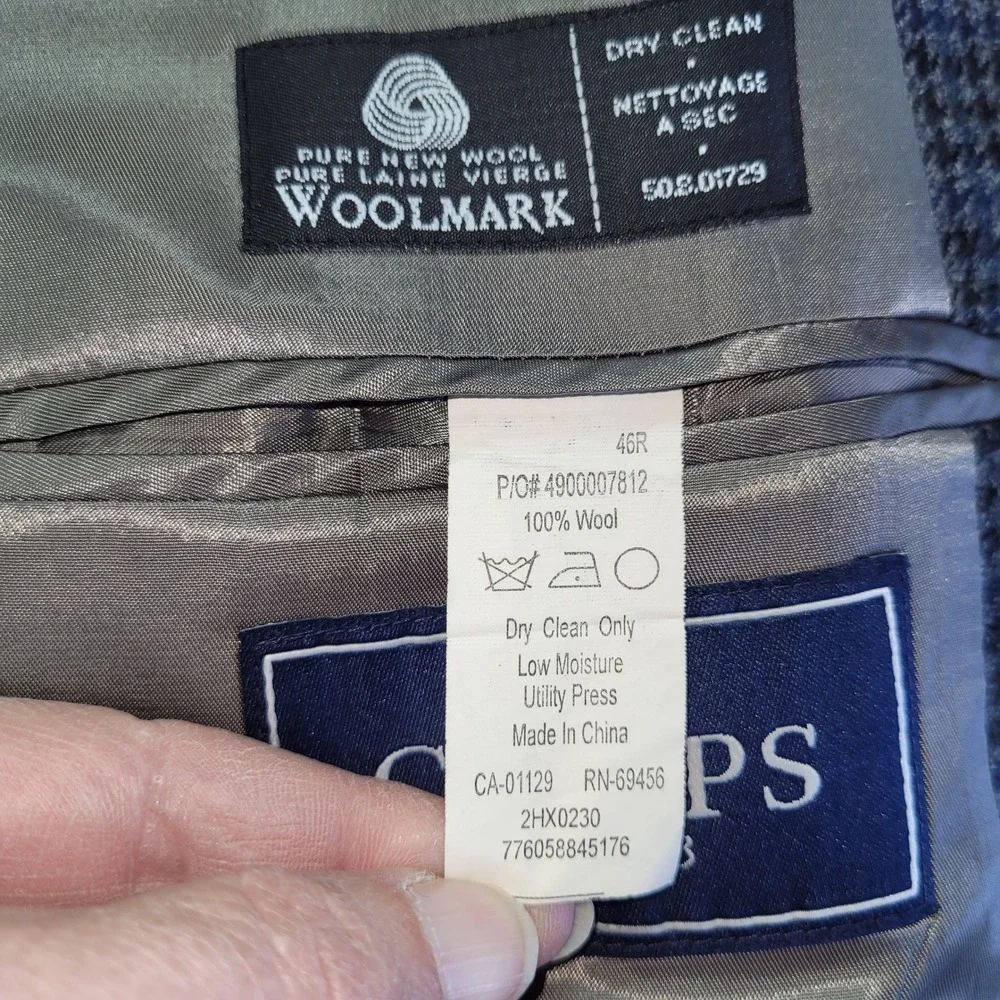 Chaps Men's 46R Wool‎ Tweed Houndstooth Blazer Sport Coat Gray Blue Two Button